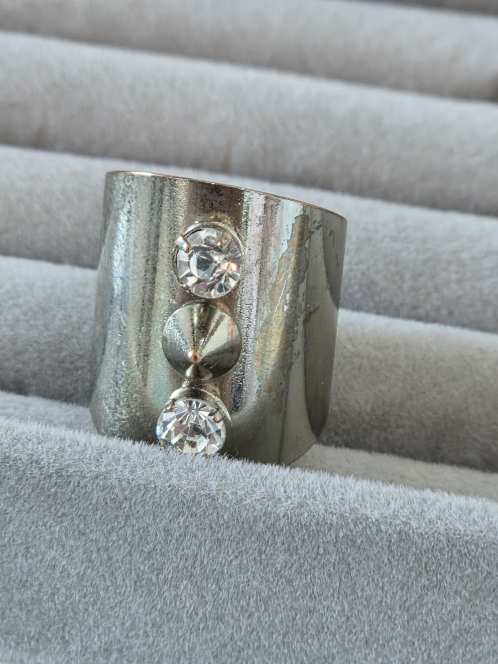Silver Crystal Stud Accent Wide Band Ring